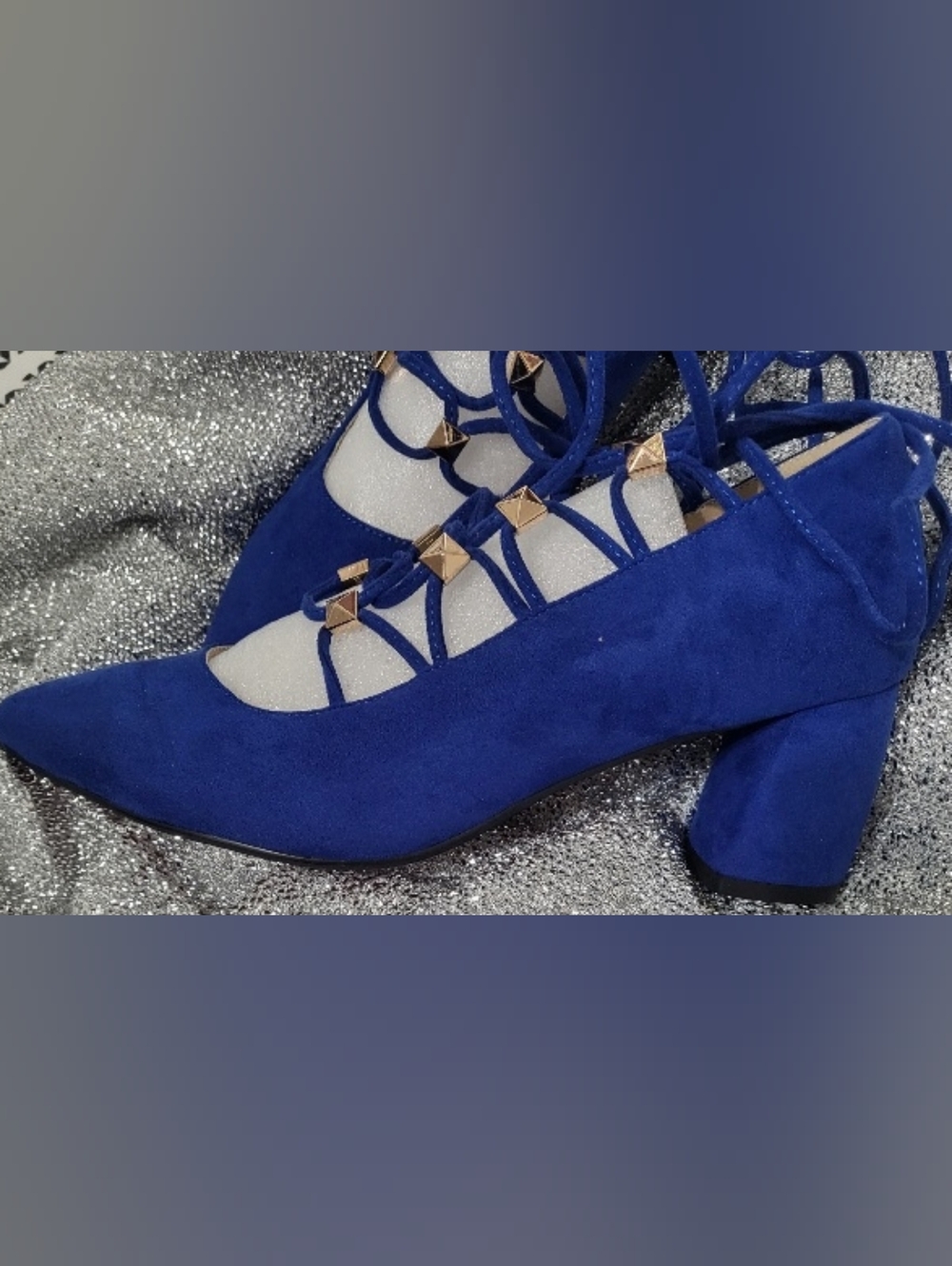 Blue Faux Suede Lace-up Pumps Size 10M Gold Grommets Hold Laces In Place